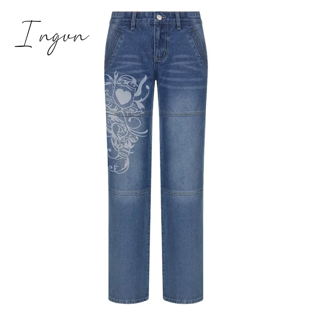 Ingvn - Spring Y2K European and American street simple printing low-waist button jeans women casual loose and thin wide-leg straight-leg pants