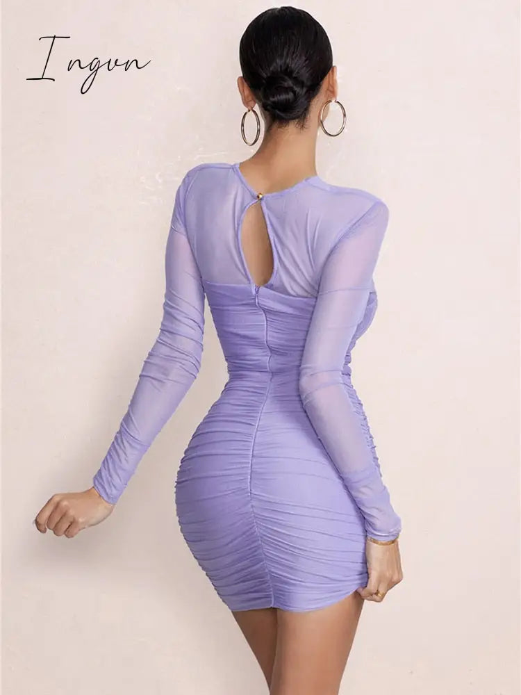 Ingvn - Hollow Out Ruched Sexy Mini Dress For Women Robe New Two Layer Mesh Sheer Long Sleeve Bodycon Sexy Party Short Dress