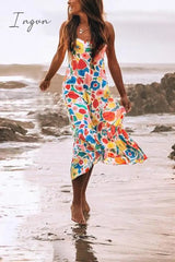 Ingvn -  Floral Printed Summer Backless Mid Calf Dress With Pocket