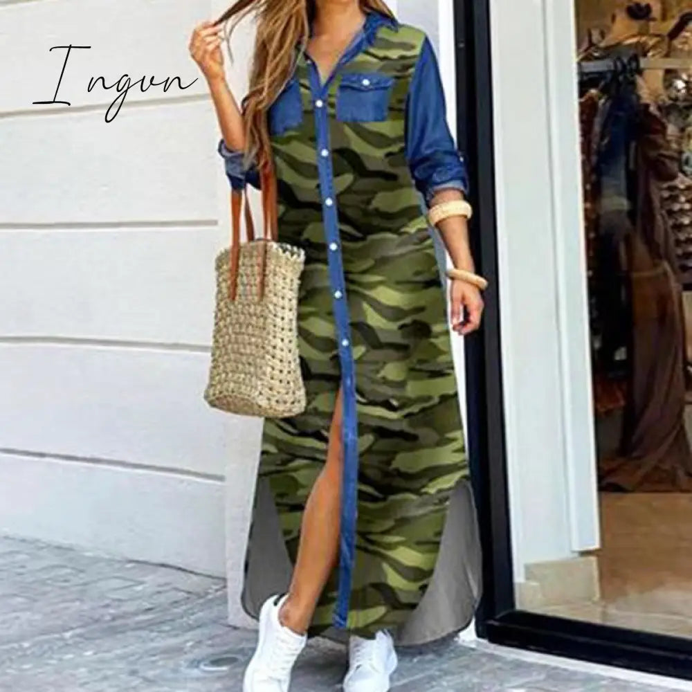 Ingvn - Fashion Women Long Sleeve Shirt Dress Autumn  Printed OL Long Dresses Laides Turn-down Collar Loose Sundress Party Dresses