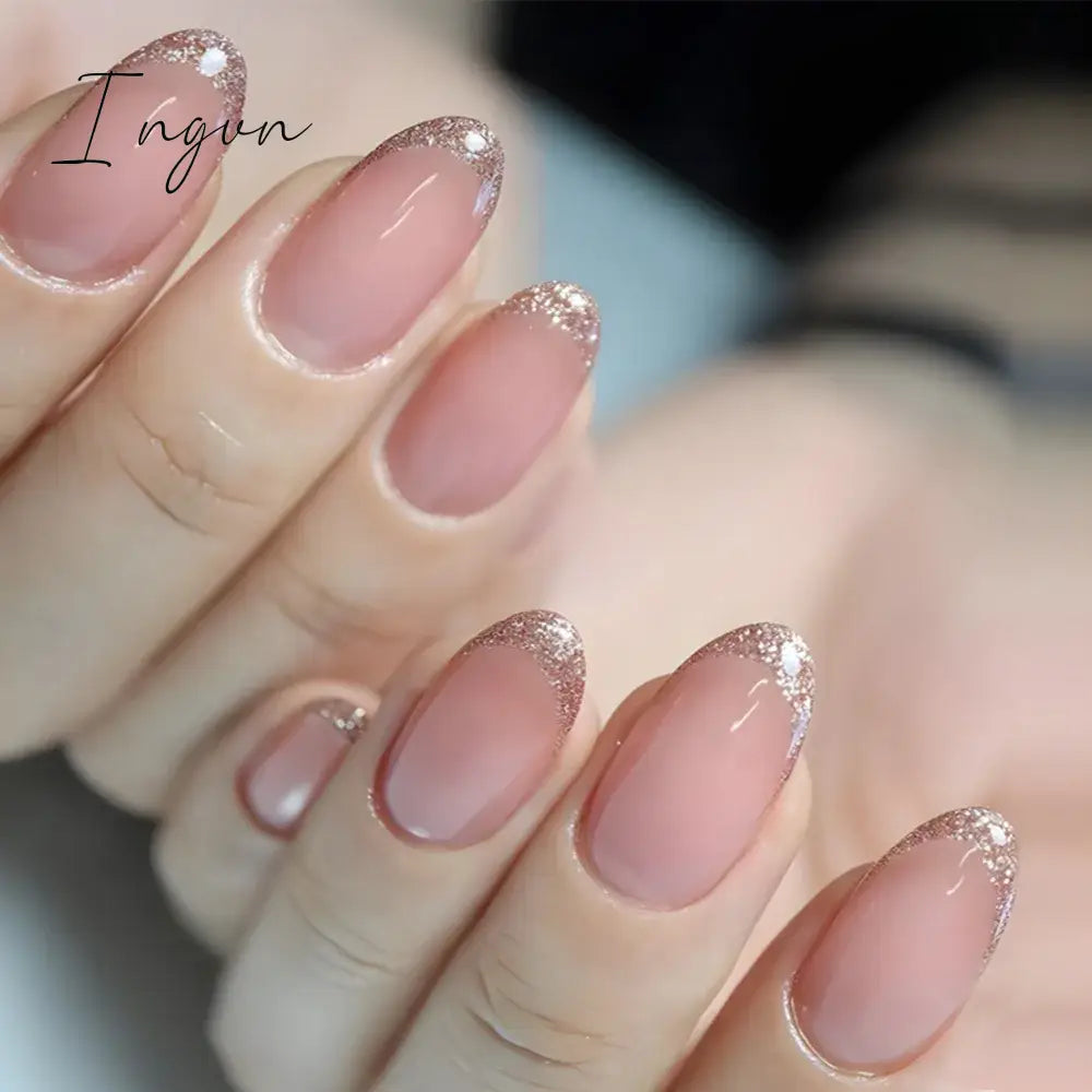 24pcs Short Glitter Purple False Nails  Almond Stiletto French Wearable Fake Nails Art Artificial Full Cover Press on Nail Tips
