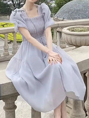 Ingvn - Elegant Dress for Women Ruffles Square Collar Short Sleeve French Style High Waisted A Line Party Midi White Dresses