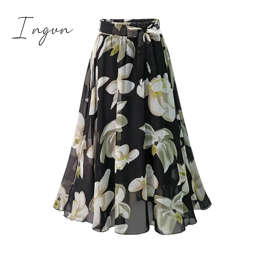 Ingvn - New Plus Size Women Chiffon Skirt Europe Fashion Bow Saia Midi Lining Jupe Femme Lace Up Falda Mujer Summer Print Floral Skirts