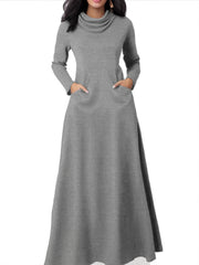Elegant Long Sleeve Maxi Fit and Flare Dress with Pockets - Soft High Elasticity Polyester Fabric, Solid Color, Cowl Neck, Comfortable for All Seasons - Womens Everyday Wear