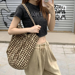 Ingvn  Women's Brown Round Dot Shoulder Bag Canvas Shopping Bags Simple Student Tote Handbag Summer