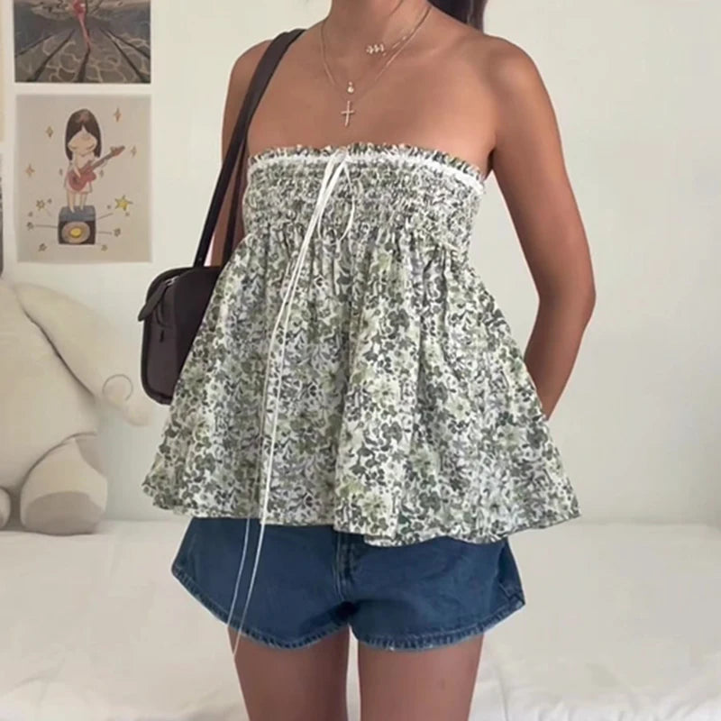 Y2k Elastic Bust Strapless Flowy Camisole Floral Graphic Print Tube Tops Fairycore Sweet Cute Off Shoulder Backless BabydollVest