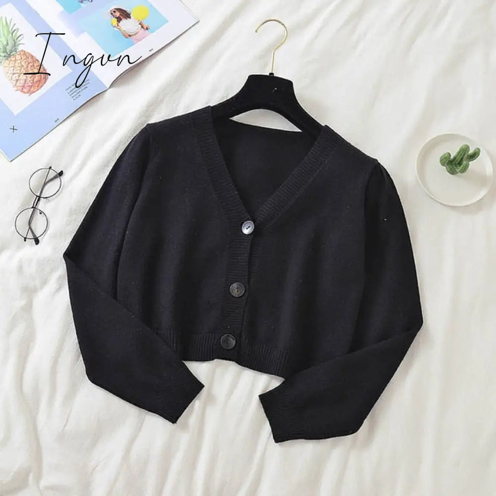 Ingvn - Spring Newly Green Cropped Cardigans Women Loose Ladies Short Knitted Sweaters Long Sleeve V neck Solid Chic Streetwear
