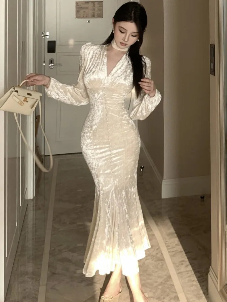 Elegant Sexy V-neck Fishtail Midi Dresses for Women Autumn Vintage Fashion Evening Party Slim Dress Female Clothing Robe