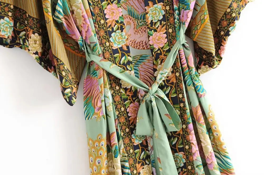 Ingvn - women peacock floral print bat sleeve beach Bohemian Kimono robe Ladies V neck Tassel Summer happie dress vestidos