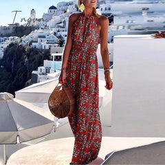 Ingvn - Summer Boho Floral Print Long Party Dress Women Elegant Halter Sleeveless Maxi Dress Spring Backless Hollow Out Dresses 2XL