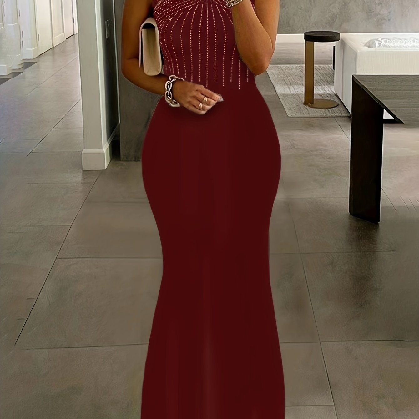 Rhinestone Bodycon Party Evening Dress, Sexy Sleeveless Solid Color Dress, Women's Clothing For Party Dressing