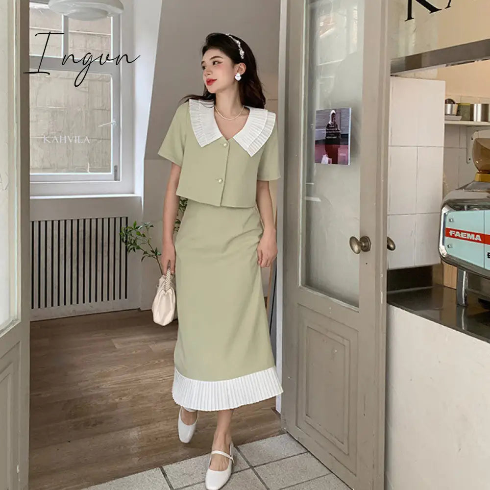 Ingvn - Summer Elegant Women Skirt Sets Retro Office Lady Outifits Puff Sleeve Black Top Skirts Set Korean Fashion Sweet Hepburn Suit