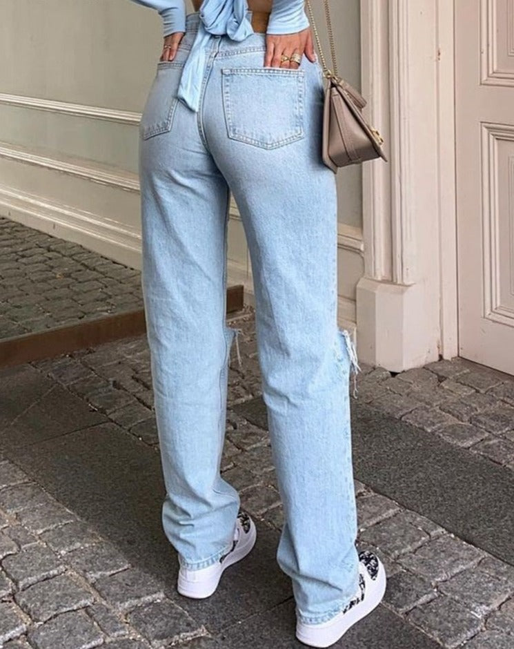 Voguable  Womens Loose Fit Jeans  Ripped Wide Leg For Women High Waist Blue Wash Casual Cotton Denim Trousers Summer Baggy Jean Pants