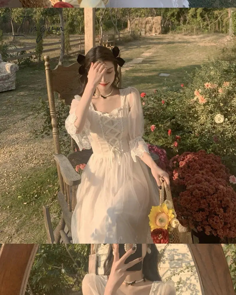 Ingvn - Summer Lace Sweet Elegant Dress Women Evening Party One Piece Dress Korean Kawaii Short Sleeve Dress Female Square Collar