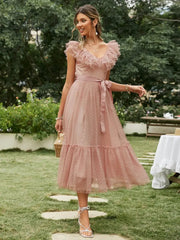 Ingvn - Fashion Trends V-neck mesh polka dot summer tulle party dress women Backless pink ruffle sleeveless dresses Elegant sash maxi vestido