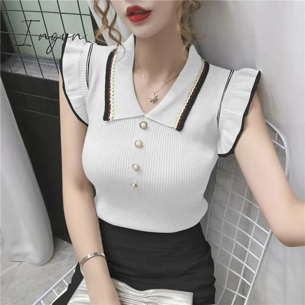 Ingvn - Womens Fashion Trends Summer Fashion Korean Slim Crop Tops Women Turn-down Collar Knitted T-shirts Sleeveless Ruffles T Shirt Female Tee Shirt Femme