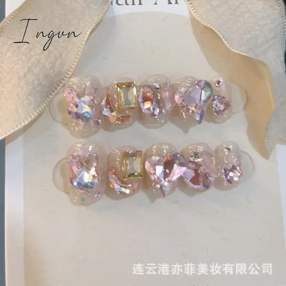 10Pcs Pink Cute Handmade Press on Nails Full Cover Bear Rhinestone Summer French Short False Nails Wearable Manicure Nail Tips
