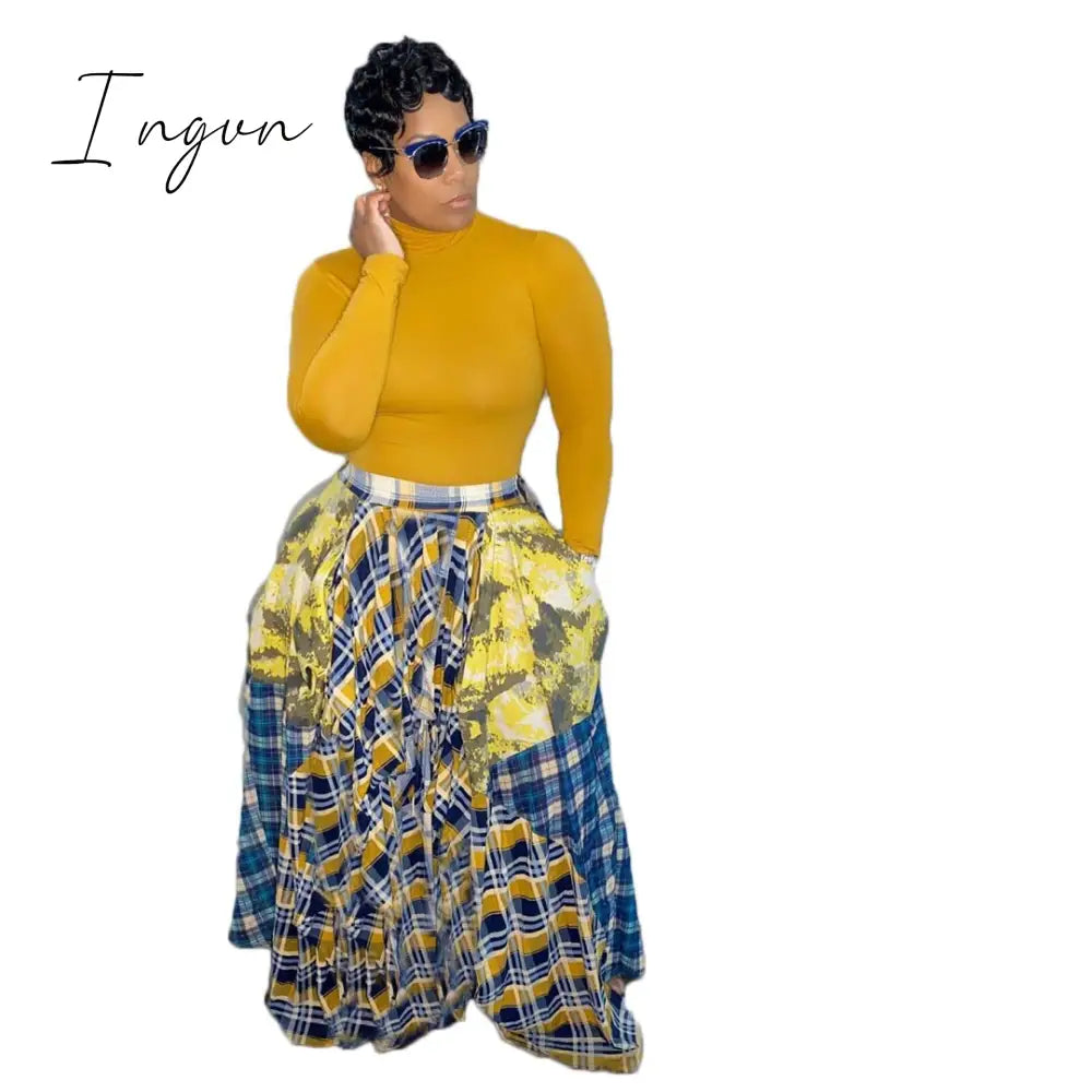 Ingvn - Womens Fashion Ladies Fashion Stitching Printed Plaid Young Fashion Casual Bohemian Super Loose Multicolor Skirt