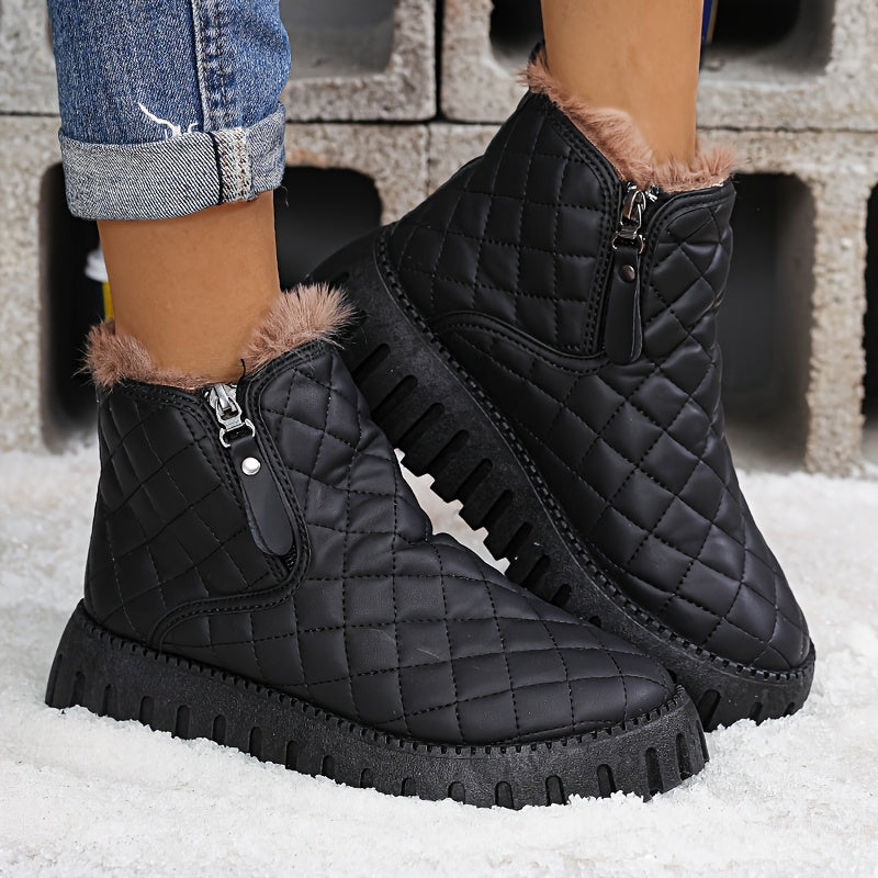 1pr Winter Warm Fleece-Lined Ankle Boots for Women - Casual Solid Color Round Toe Zippered Comfort Boots with Low Platform Heel, Non-Slip Rubber Sole, Fabric Insole - PU Upper, Fabric Lining - Thick Warm Snow Boots