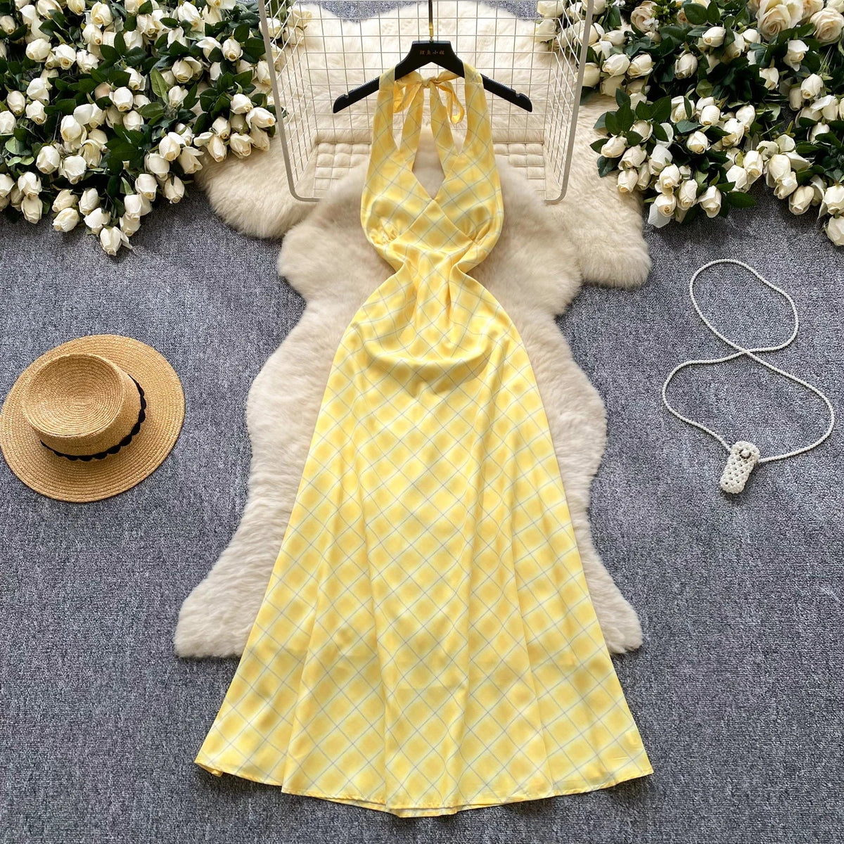 Chic Sexy V-neck Plaid halter Ruched Fairy A-line loose Summer  Women Boho Sundress  women clothing