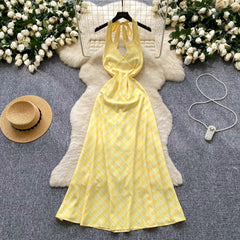 Chic Sexy V-neck Plaid halter Ruched Fairy A-line loose Summer  Women Boho Sundress  women clothing