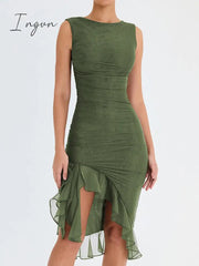 Ingvn - Elegant Ruffle Ruched Midi Dress For Women Robe Summer New Backless Sleeveless Irregular Club Party Sexy Dress Vestido