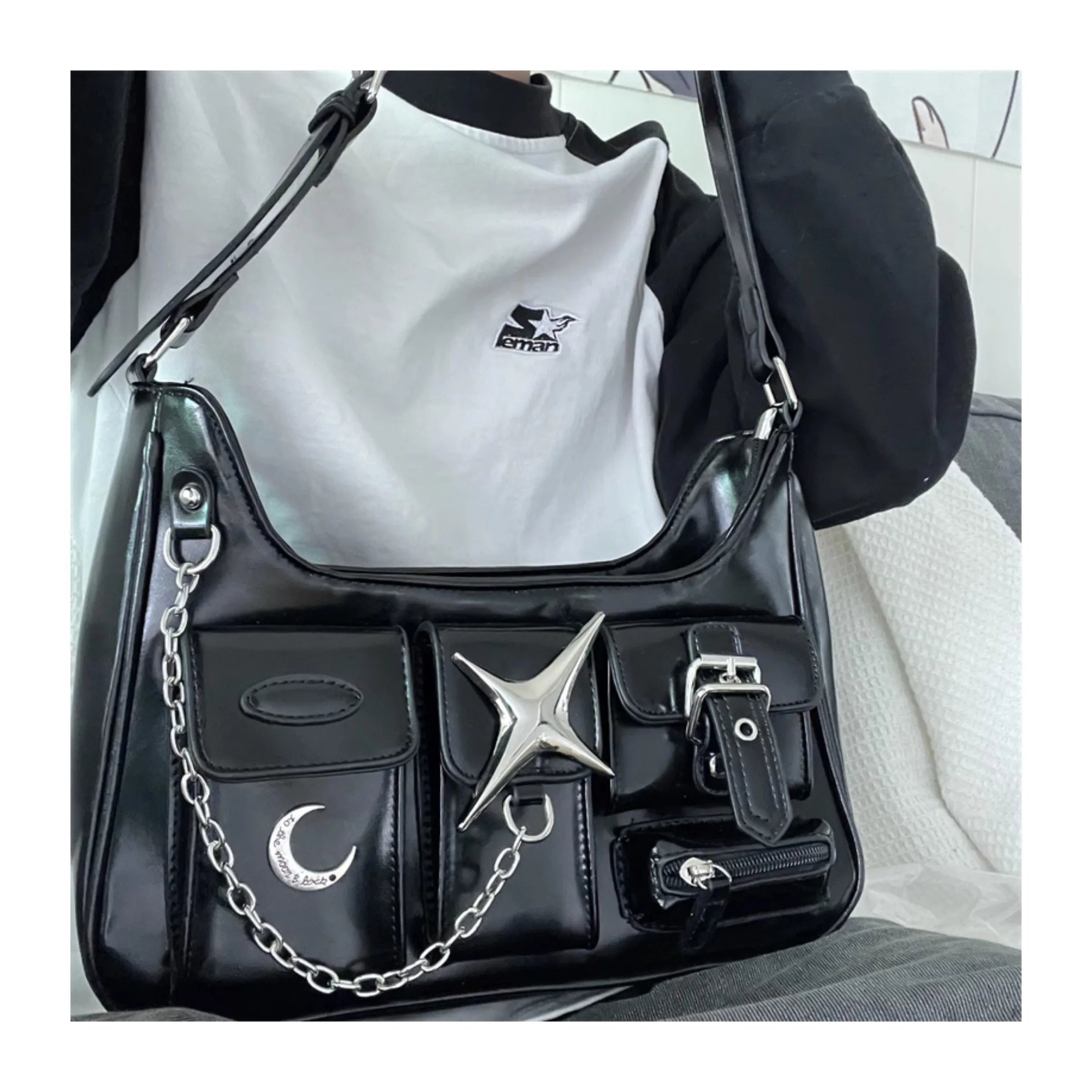 INGVN  Y2k Women Shoulder Bag Harajuku Fashion Gothic Casual Black Chains Handbag Hot Girls Pu Leather Ladies Motorcycle Bag