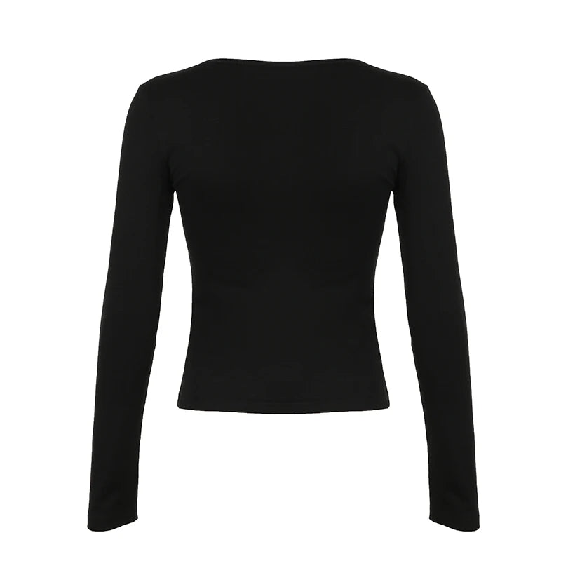 Contrast Lace Bow Cropped Top Sweet Coquette Square Collar T Shirts Black Casual Full Sleeve Tee Women y2k Aesthetic Lady