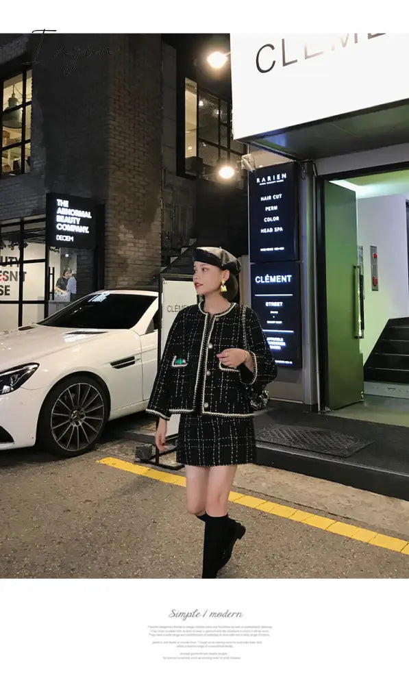 Ingvn - European Style Autumn Winter 2 Piece Set Women Short Woolen Tweed Jacket Coat & Bodycon Mini Skirt Set Women Two Piece Outfits