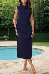 Ingvn- Celebrities Elegant Solid Bandage Slit Scarf Collar Sleeveless Dress Dresses