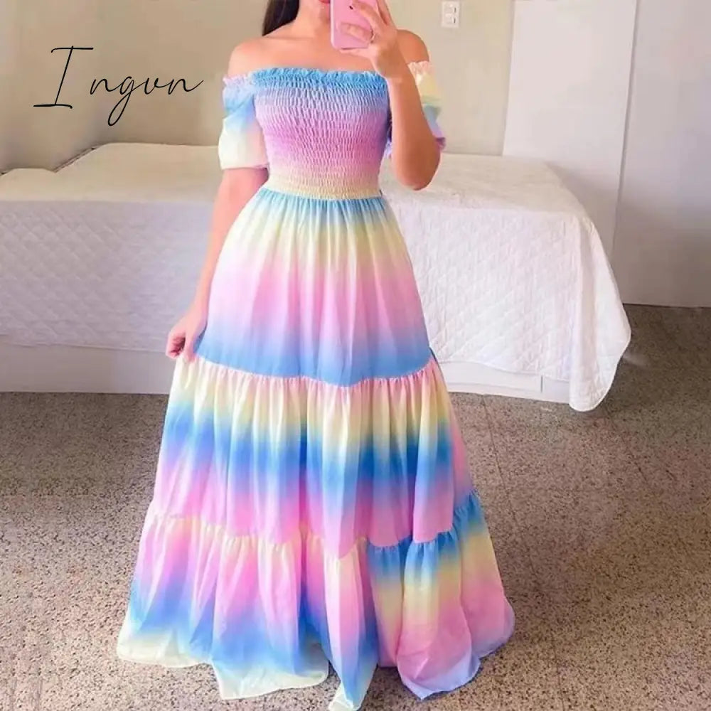 Ingvn - Women's 2023 Butterfly Summer Dress Tube Top Short Sleeve Ruffle Hem A Line Date Night Robes Vacation Bohemian Maxi Dresses XXXL