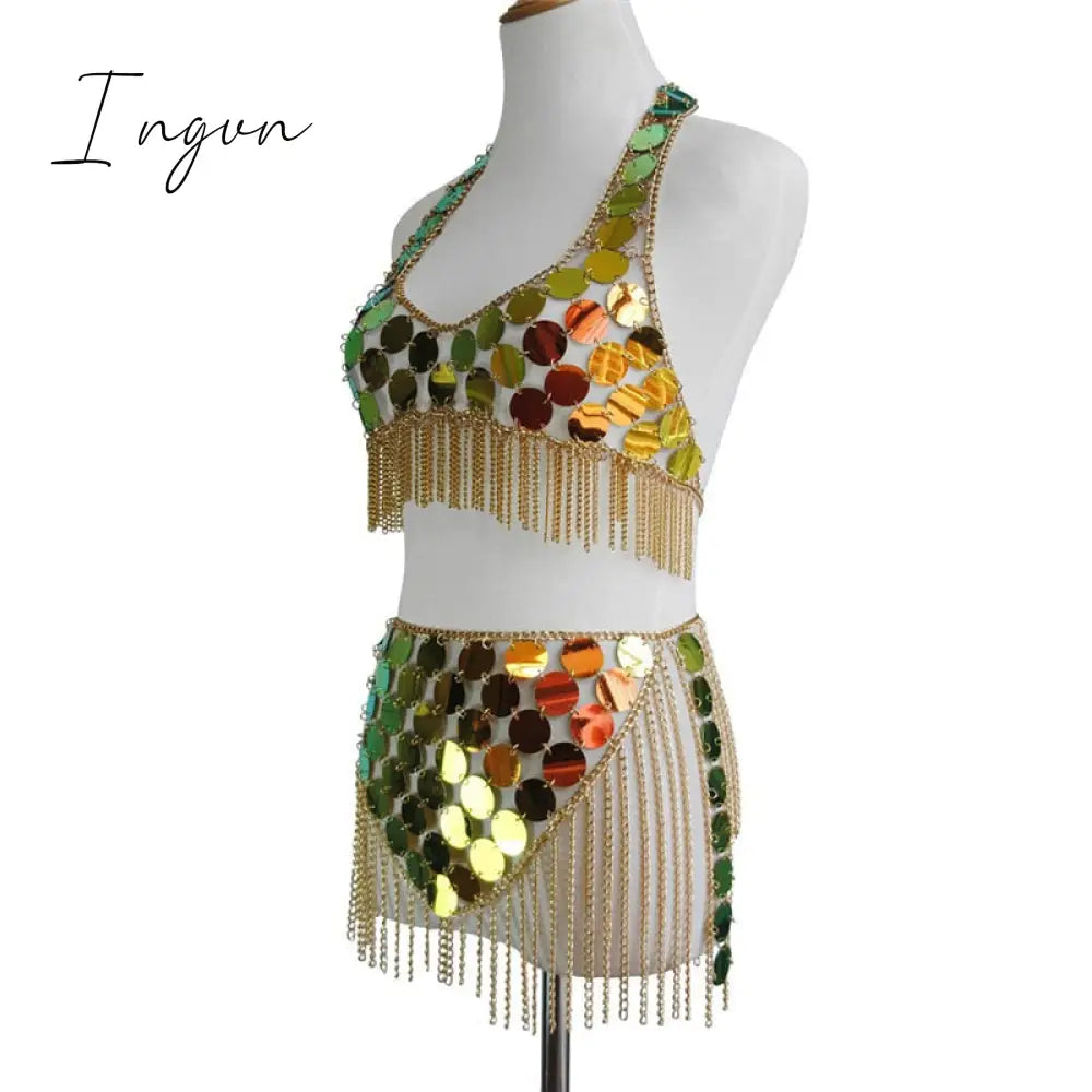 Ingvn - Trends Fashion Gradient Color Shiny Sequins Dots Two Piece Set Low Cut Backless Sleeveless Crop Tops Tassel Mini Skirt Sexy Beach Outfits