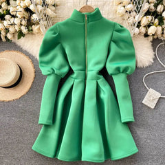 Ingvn - Gifts For Women Autumn Winter Puff Long Sleeve Dresses For Women Party Christmas Turtleneck Slim A-Line Elegant New Year Woman Red Dress