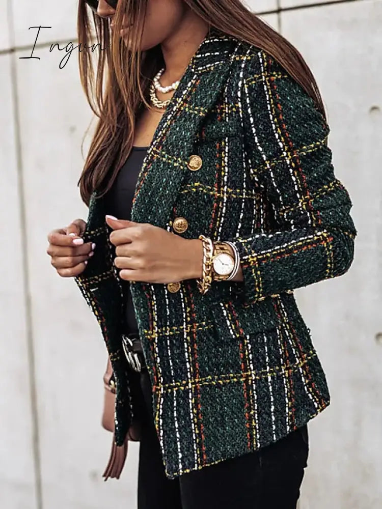 Ingvn - Women's Blazer Tweed Plaid Long Sleeve Coat Fall Winter Business Double Breasted Regular Jacket Green Brown XL 2XL 3XL