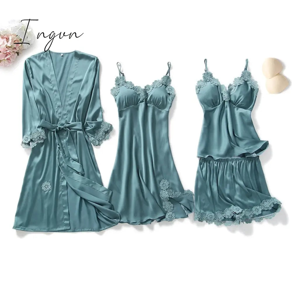 Ingvn - Yellow Robes Suit Autumn Women Nightgown Sets 2 Pieces Nightdress Bathrobe With Chest Pad Female Satin Kimono Bath Gown Sleepwea