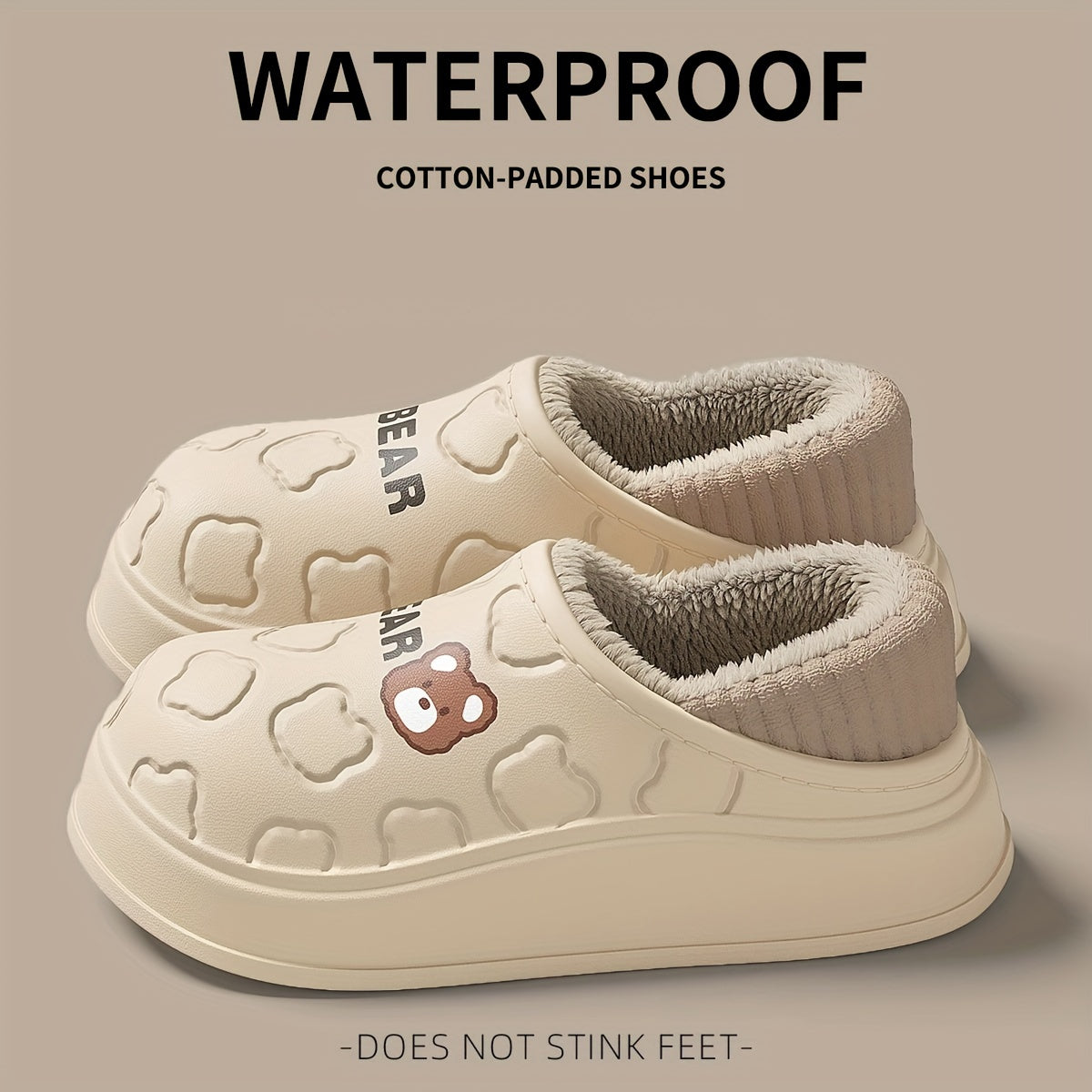Cozy Winter Bear Slippers - Cute Cartoon Waterproof, Plush Lined EVA, Indoor/Outdoor Comfort