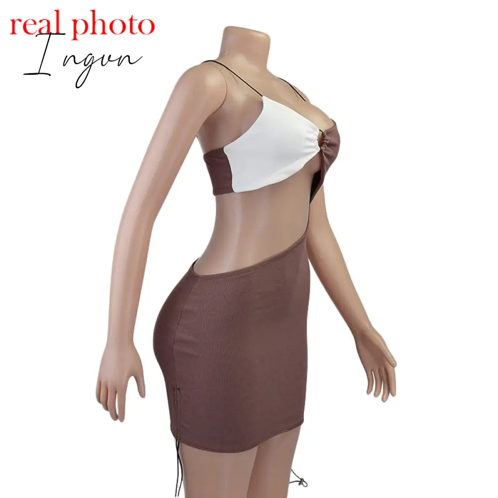 Ingvn - Spaghetti Strap Drawstring Ruched Cut-Out Sexy Backless Mini Dress for Women Club Party Sleeveless Dresses Bodycon