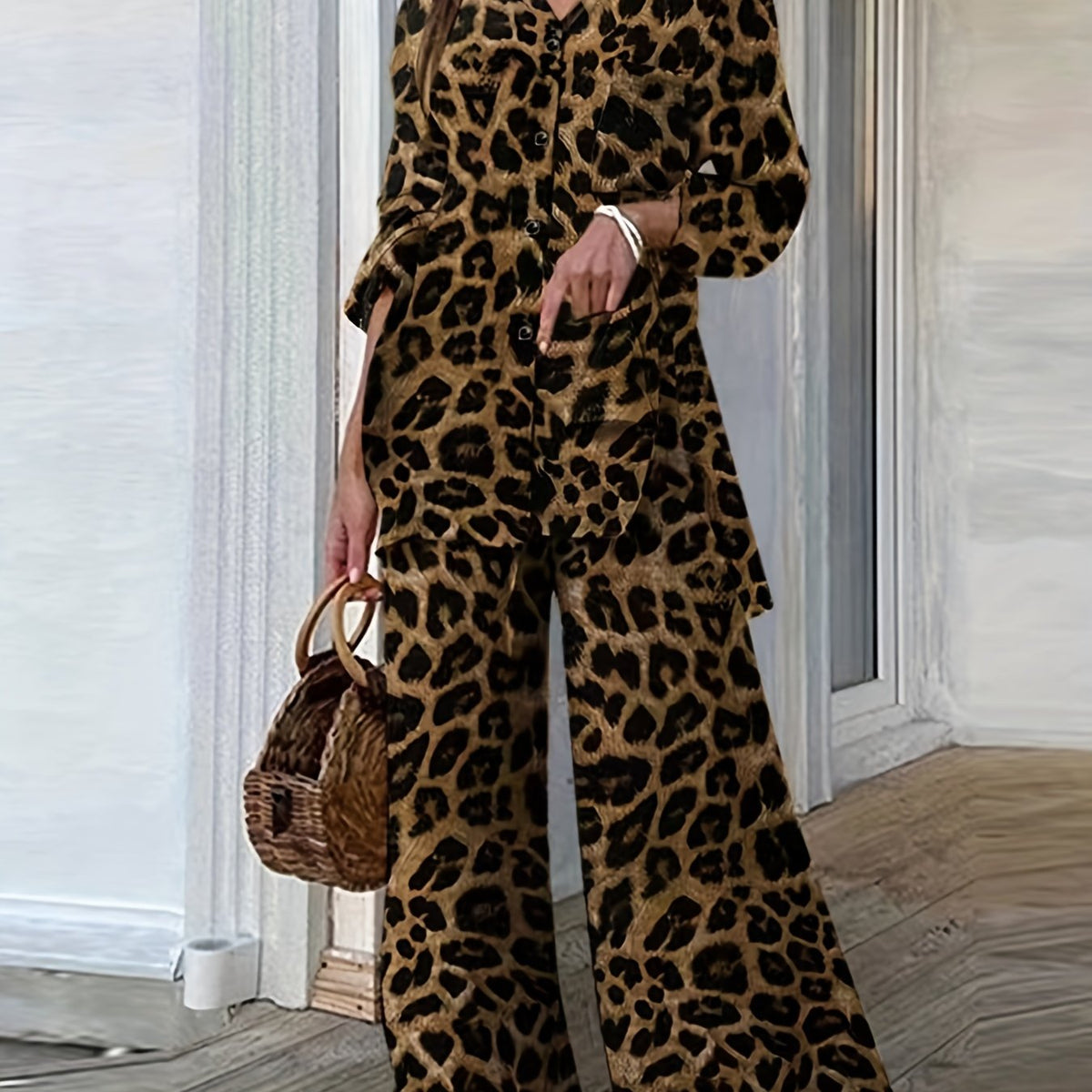 Two-piece Set, Leopard Print Button Front Long Sleeve Shirt & Wide Leg Pants Outfits, Women's Casual Clothing