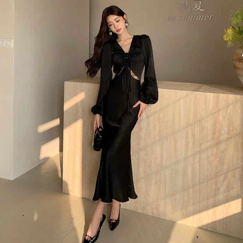 Black Satin Long Dresses for Women Sexy Prom V-Neck Long Sleeve Elegant Evening Party Female Clothing Fashion Casual Robe