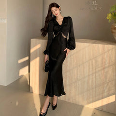 Black Satin Long Dresses for Women Sexy Prom V-Neck Long Sleeve Elegant Evening Party Female Clothing Fashion Casual Robe