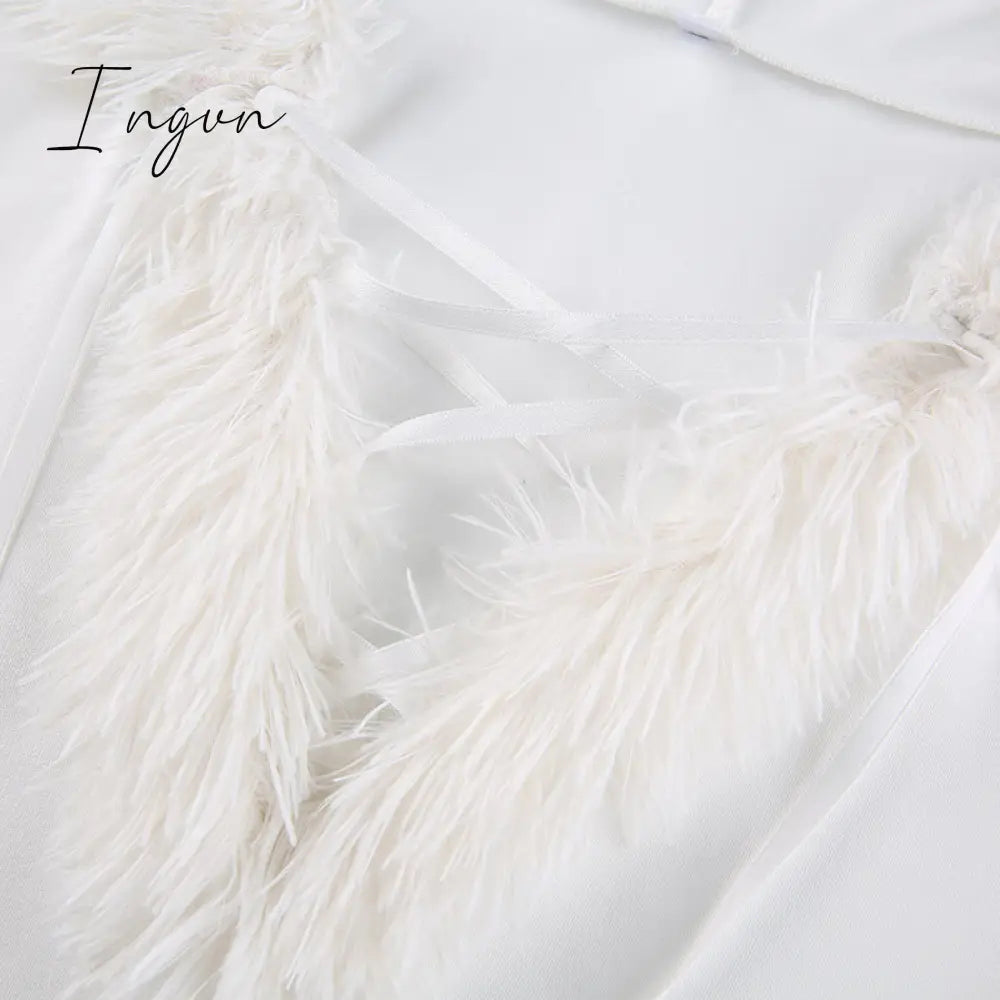 Ingvn - Furry Long Sleeve Hooded Bodycon Mini Dresses Women White V Neck Fuzzy Dress Skinny Christmas Party Streetwear Winter