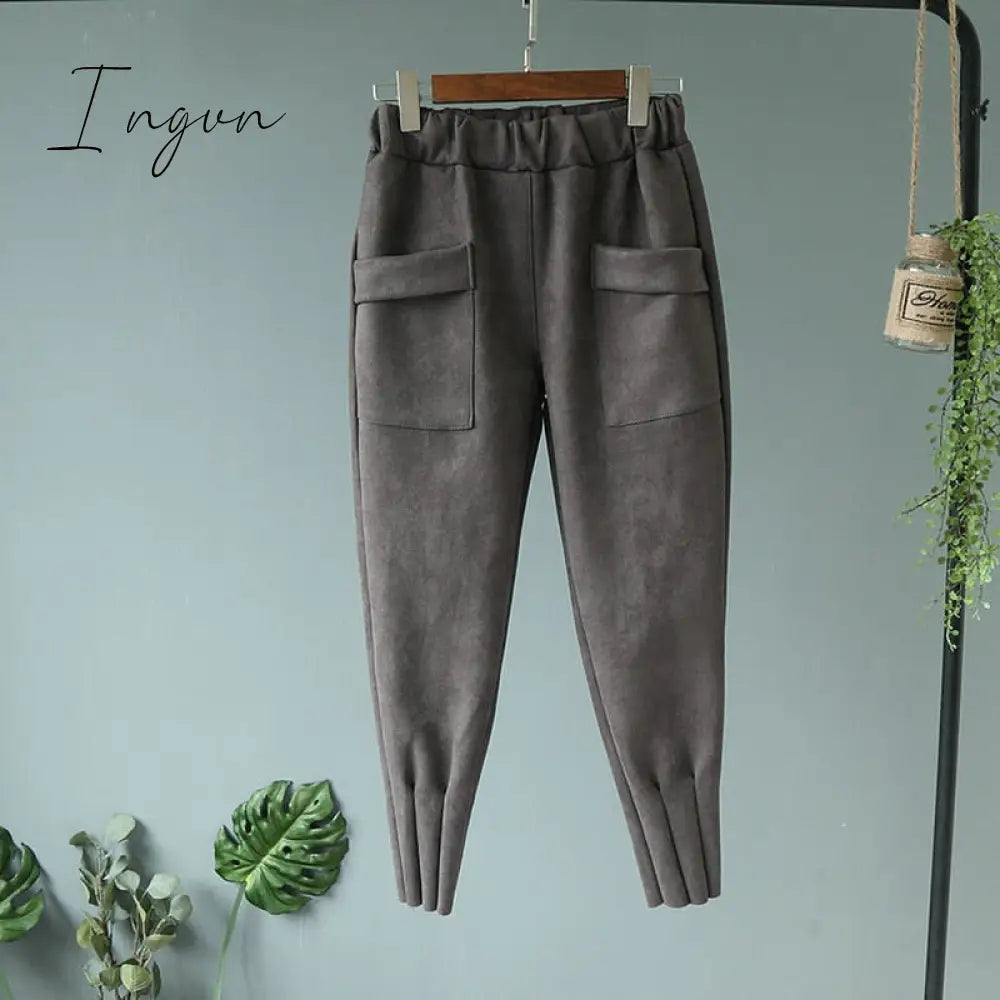 Ingvn - Casual Autumn Winter Women Pants Korean Elastic High Waist Pockets Suede Harem Pants Trousers Women Pantalon Femme