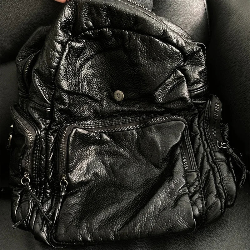 Ingvn  Y2k Black Womens Backpack Vintage Fashion Gothic Soft Pu Leather School Backpack Large Capacity Men Casual Original Bag Sac