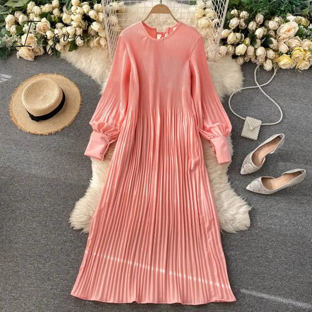 Ingvn - Vintage Pleated Chiffon Long Dress Women Casual Solid Pink/Green/Red O-Neck Draped Slim Vacation Vestidos Autumn Robe New