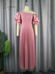 Ingvn - Long Party Dress for Women Classy Pink Cold Shoulder Ruched Sleeve Pleated A Line Flowy Maxi Evening Gowns for Brides Occaions
