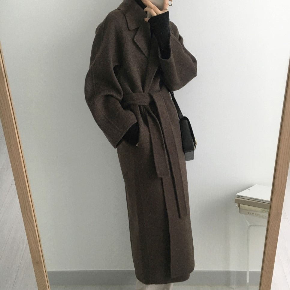 Autumn Winter Thicken Loose Wool & Blend Coats Women Elegant Lapel Full Sleeve Lace-up Oversized Female Outwear