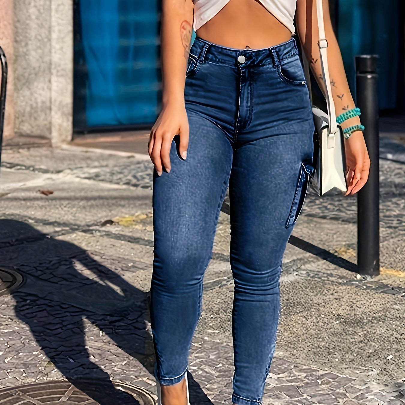 Stretchy Mid-Rise Skinny Jeans - Women's Clothing, Slim Fit Cargo Denim Pants with Flap Pockets, Side Zip, Y2K & Kpop Inspired, High-Waisted, Comfortable, Fashionable, and Versatile Denim Jeans for Women