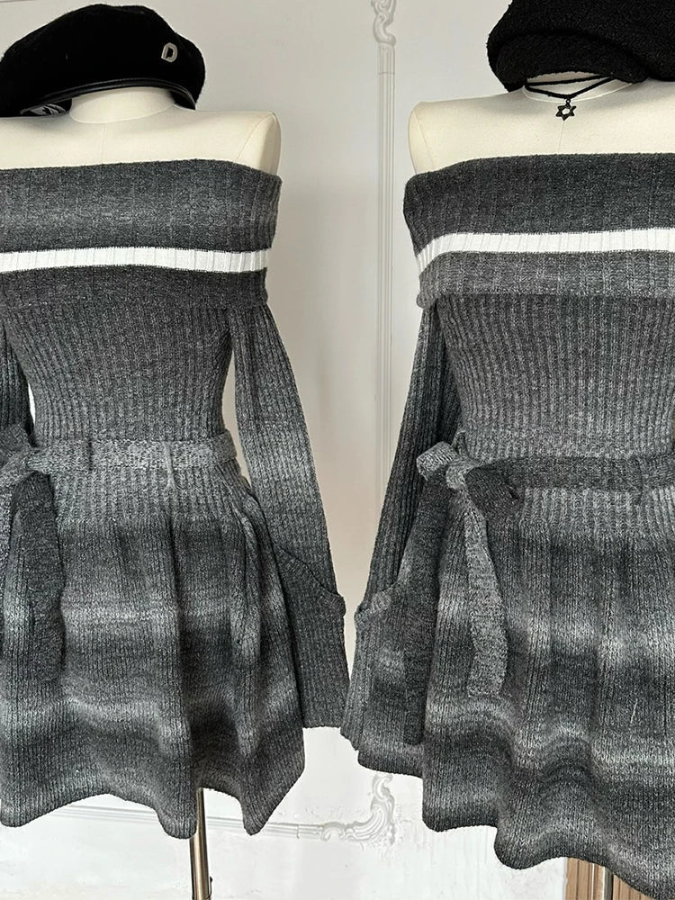 Autumn Winter Mini Knit Slash Neck Dress Women Long Sleeve Frocks 2000s Aesthetic One-Piece Gyaru Thick Contrast Color Striped