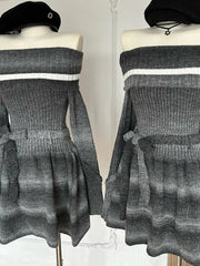 Autumn Winter Mini Knit Slash Neck Dress Women Long Sleeve Frocks 2000s Aesthetic One-Piece Gyaru Thick Contrast Color Striped