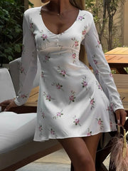 Ingvn  Fall Vintage Floral Print Short Dress Streetwear Office Lady V-neck Long Sleeve Tunics A-line Satin White Holiday Dresses